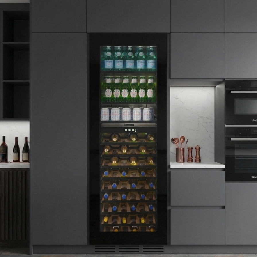 WBV99B-TO - Push To Open Integrated Beverage Center - Black Glass
