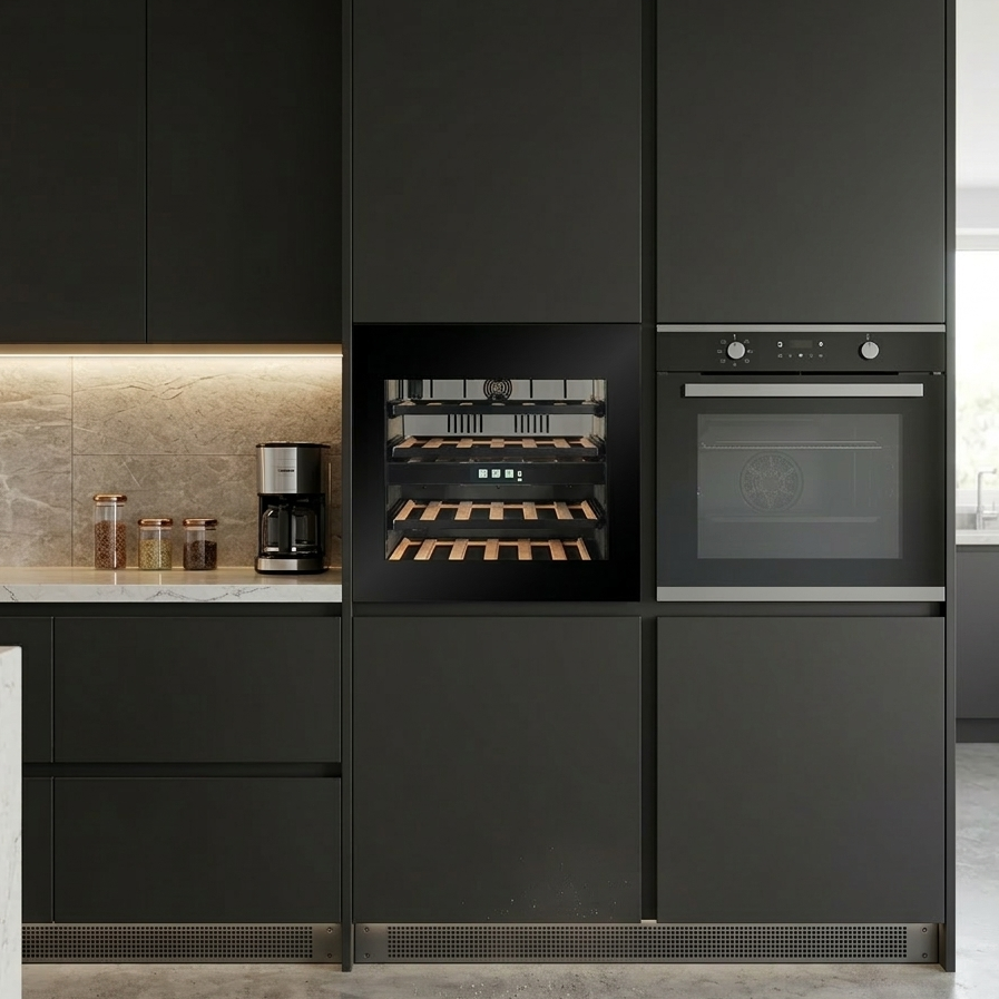 WI-24B-TO - Single Oven Size - Push To Open Wine Fridge - 24 Bottle - Black Glass